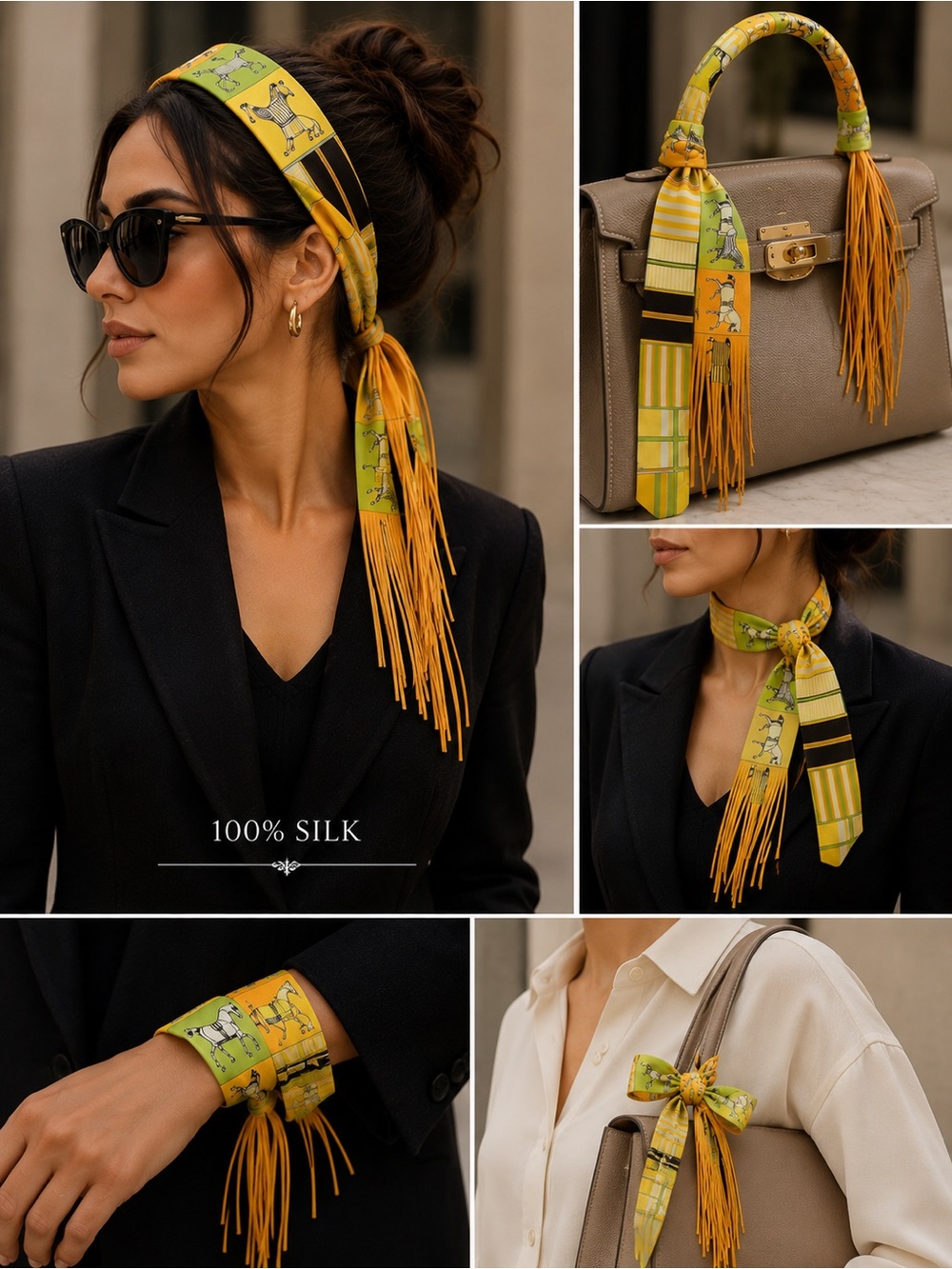 New Yellow & Green Silk Fringe Horse Motif Twilly Scarf Bag Handle Wrap 50”